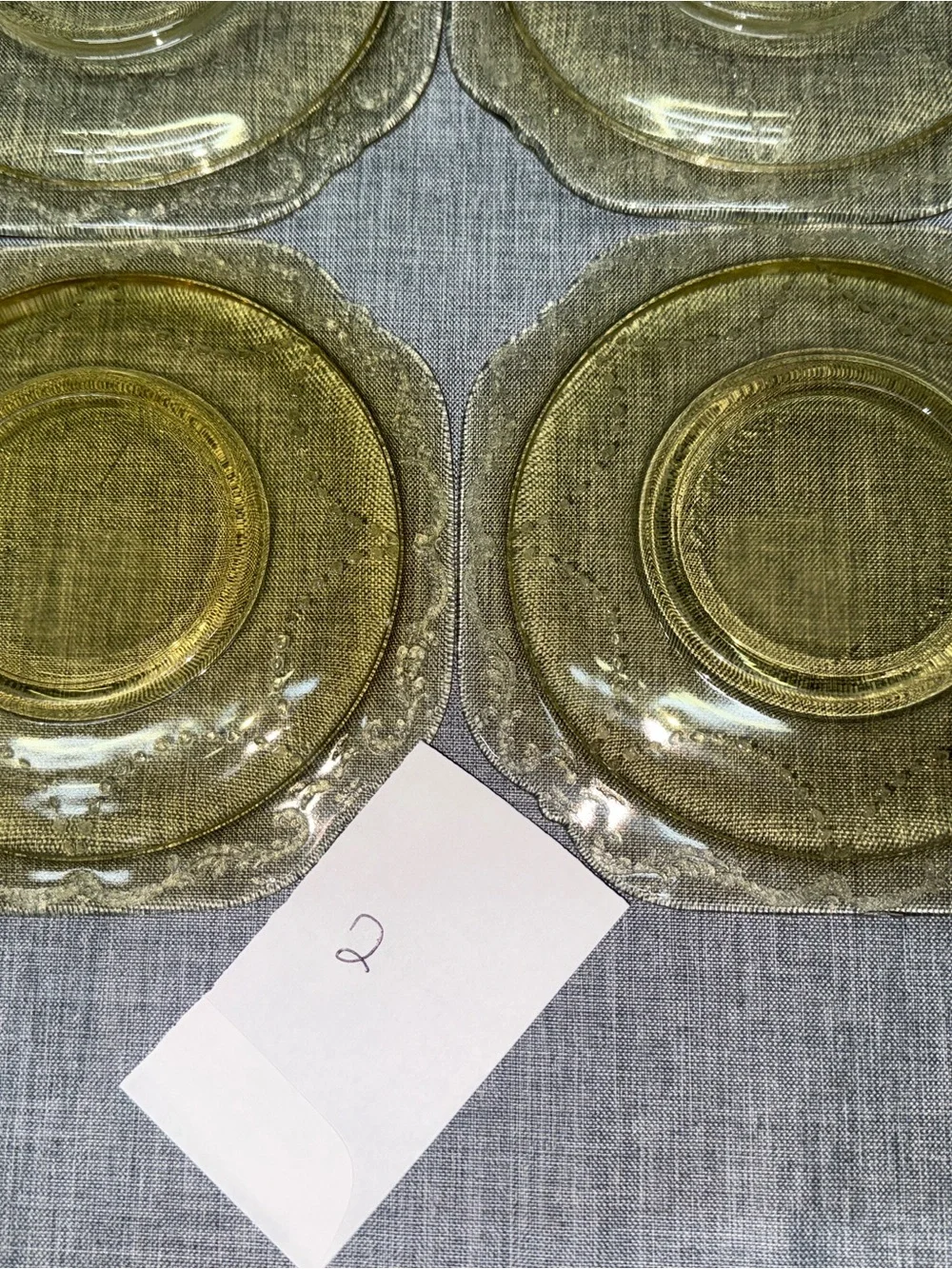 Set of 4 Vintage Amber Depression Glass Saucers Scroll Border Square